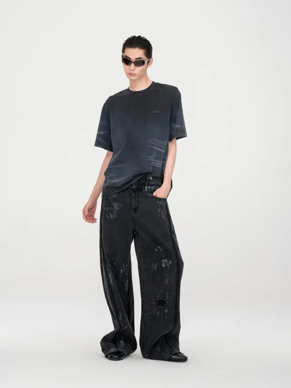 Feng Chen Wang Washed Spray-Dyed T-shirt mørk navy bomuld