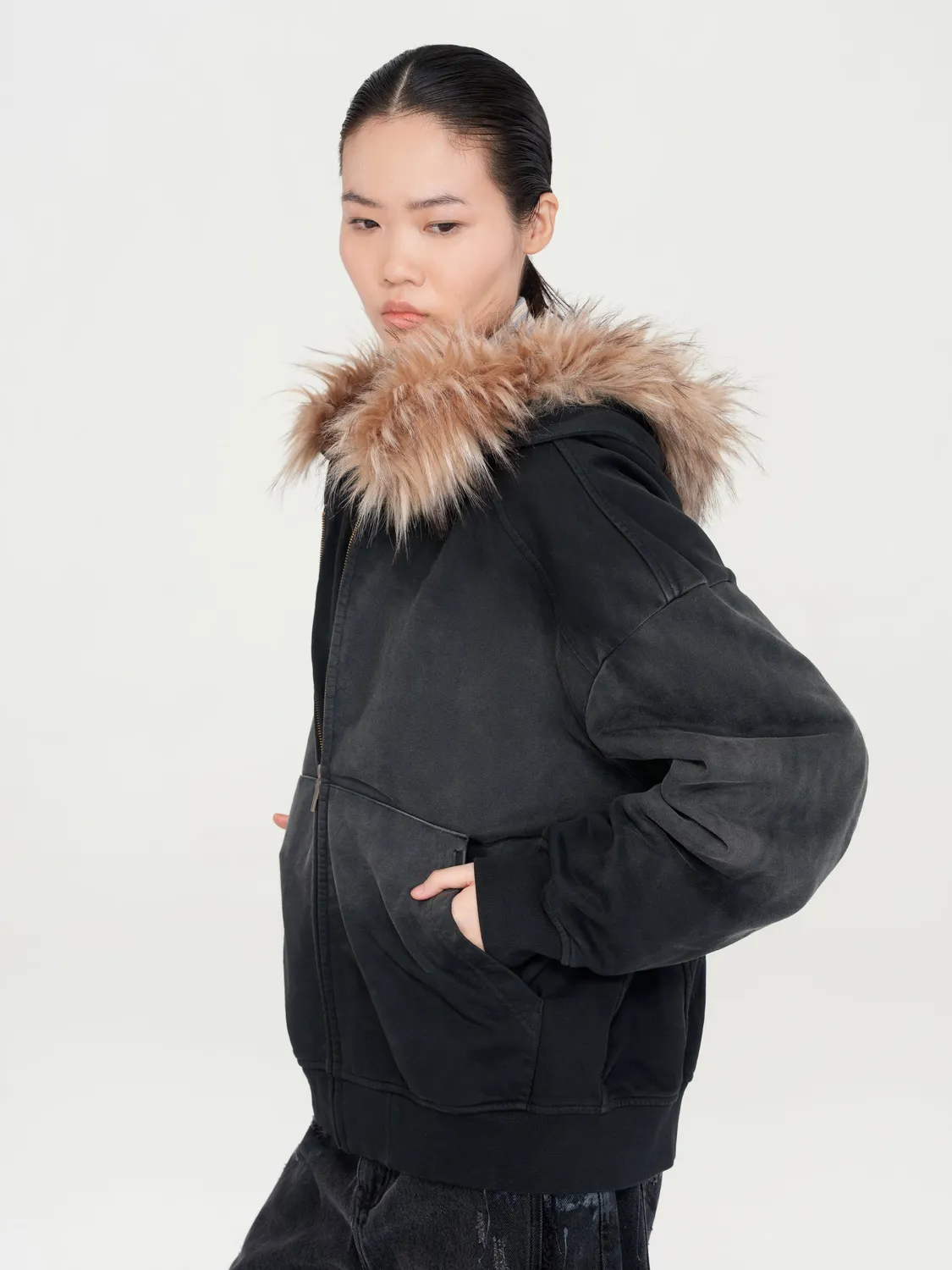 Feng Chen Wang fur-trim zip-up hoodie sort-grå