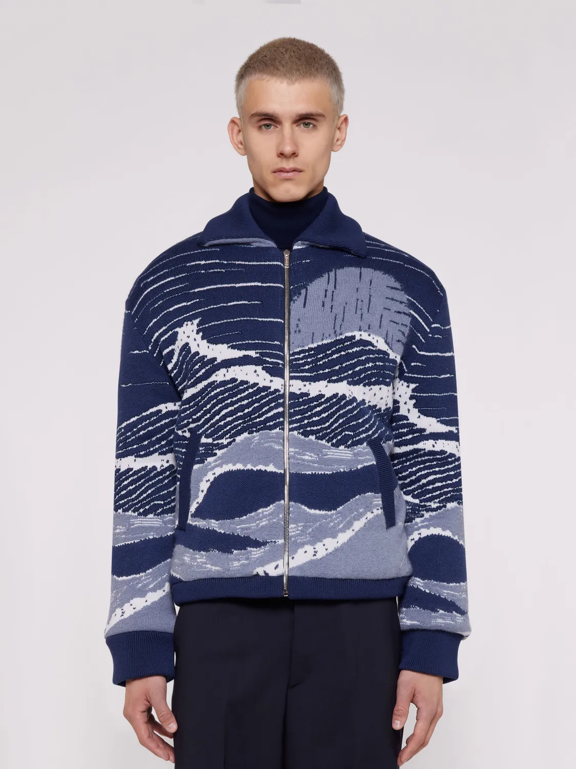 Laneus Zip Jacket Boxy Fit jacquard jakke bla uld