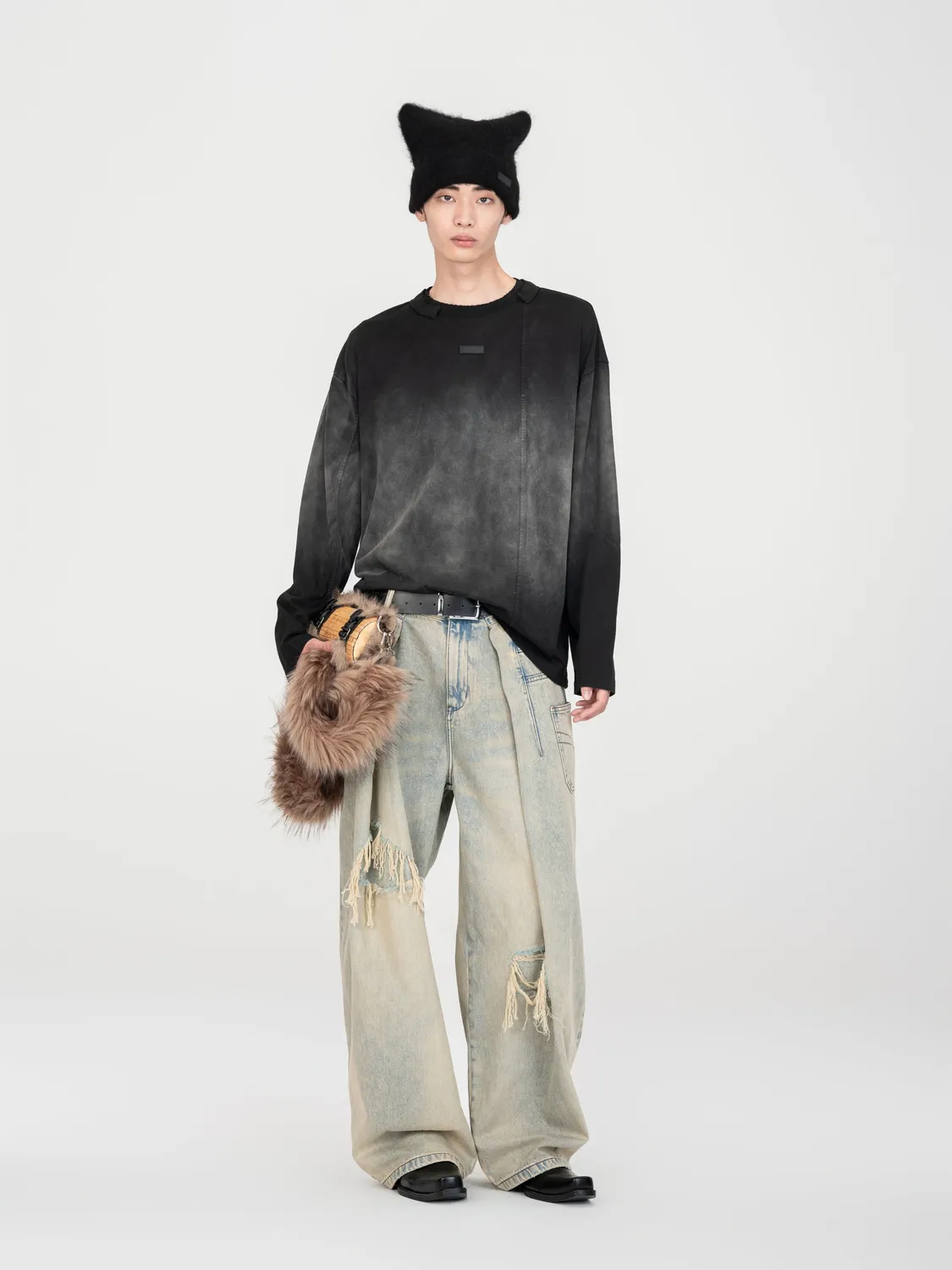 Feng Chen Wang Black-Grey Gradient langærmet t-shirt