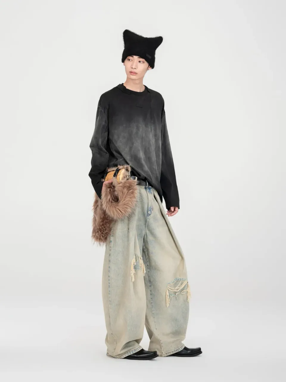 Feng Chen Wang Black-Grey Gradient langærmet t-shirt