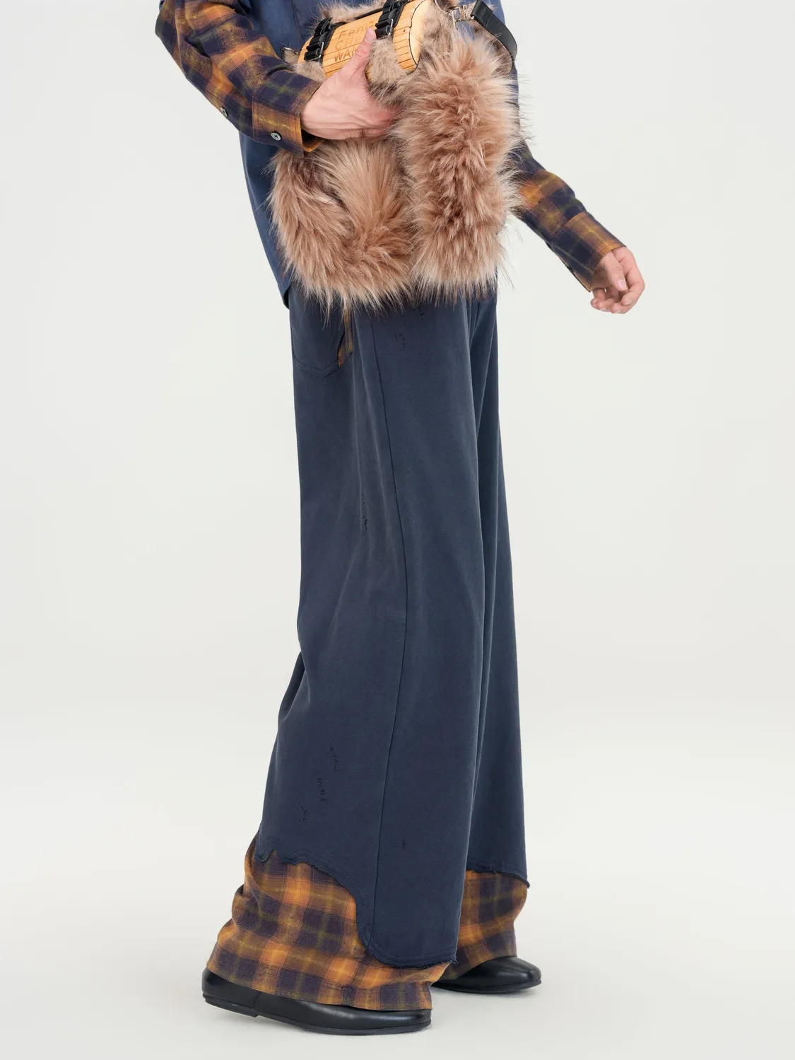 Feng Chen Wang Navy Plaid-Panel bukser ternet