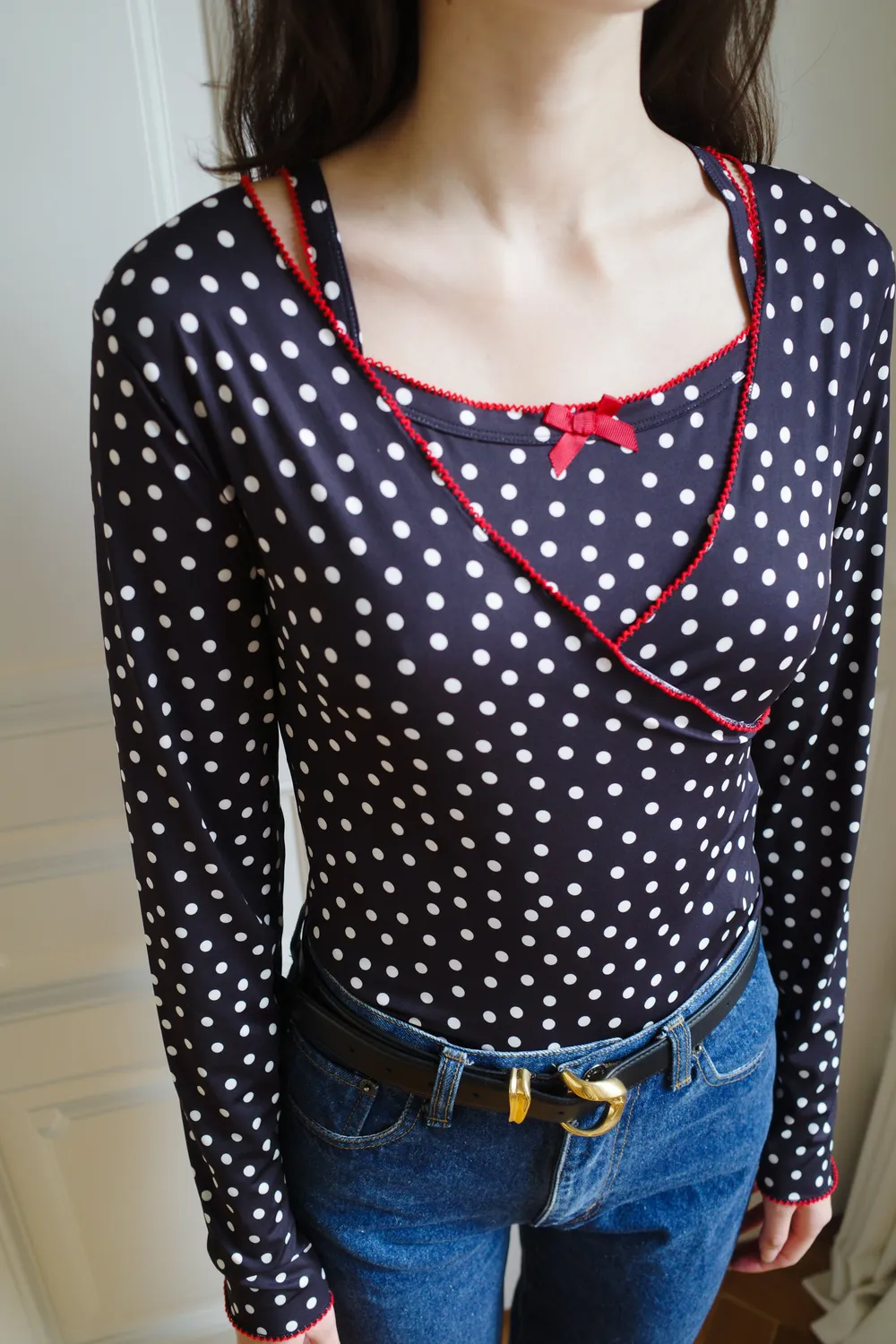 Caro Editions Wrap Top jerseytop sorte prikker elastan