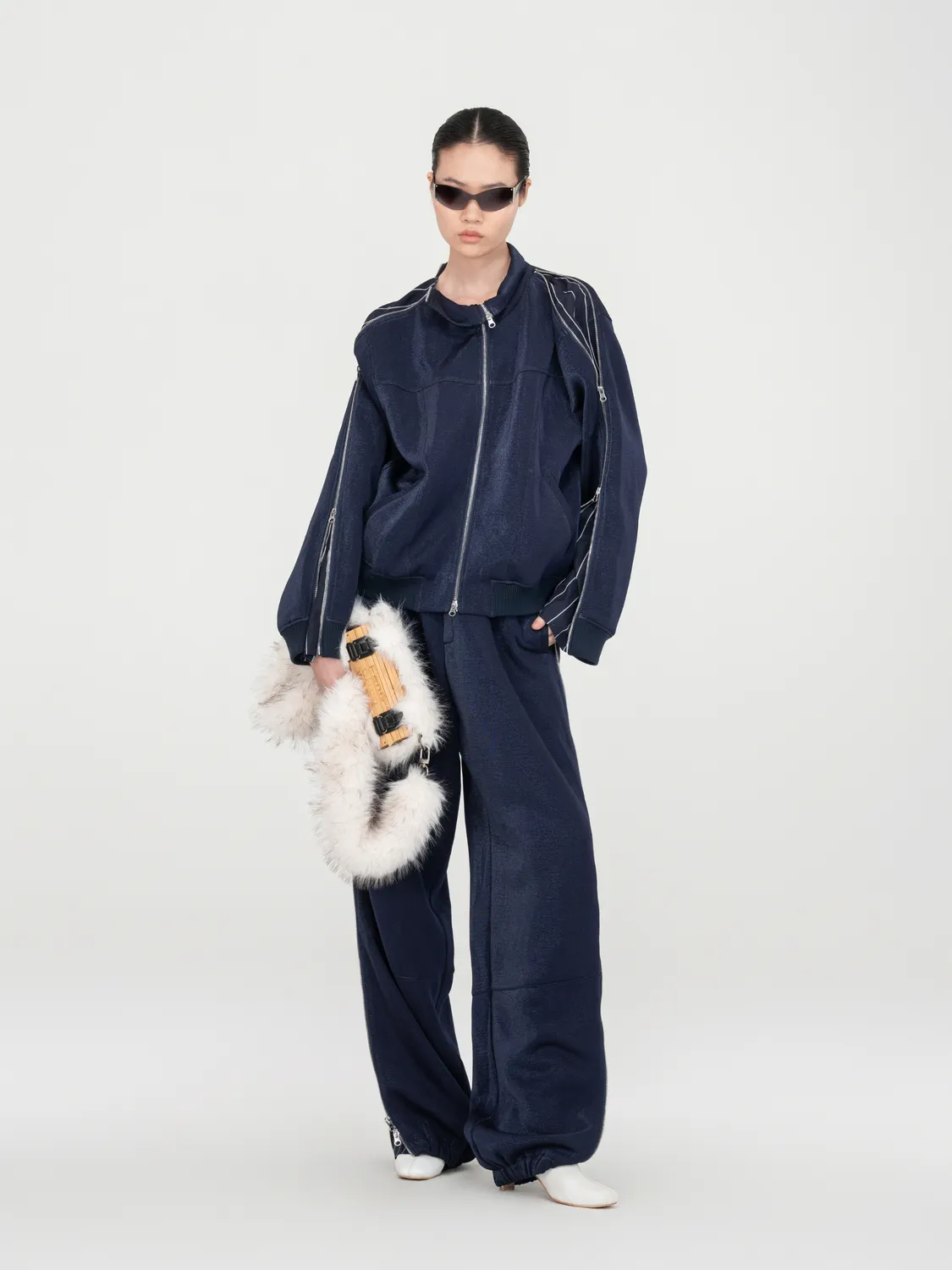 Feng Chen Wang Navy Subtle Shimmer Striped Panel bukser navy stribet