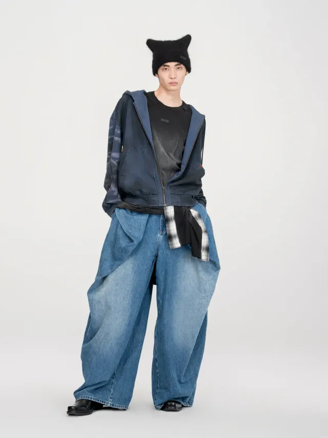 Feng Chen Wang Navy Washed zip hættetrøje