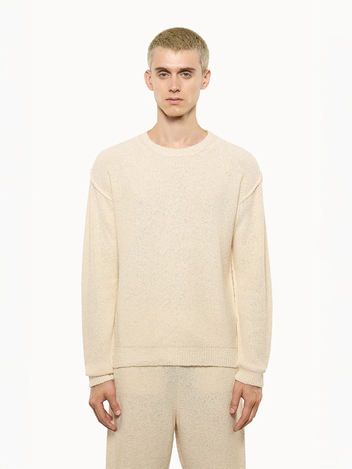 Laneus Cashmere and Silk Crew Neck Sweater strik creme cashmere