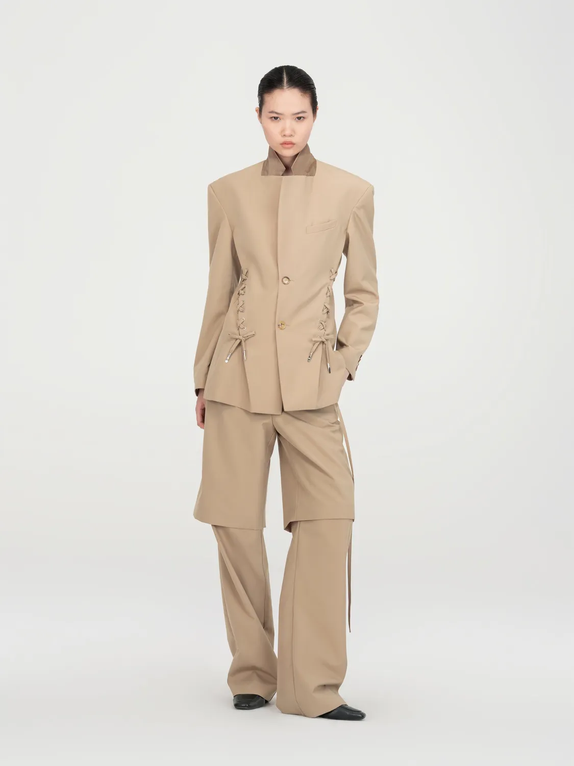 Feng Chen Wang Khaki Wool Rope-Tie blazer uld khaki