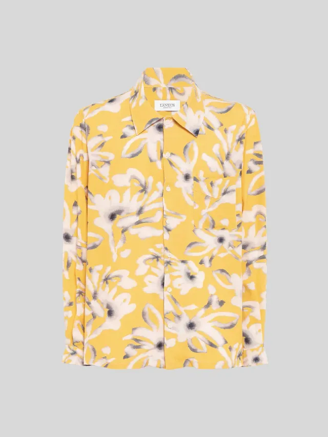 Laneus Bowling Shirt skjorte gul blomstret viskose