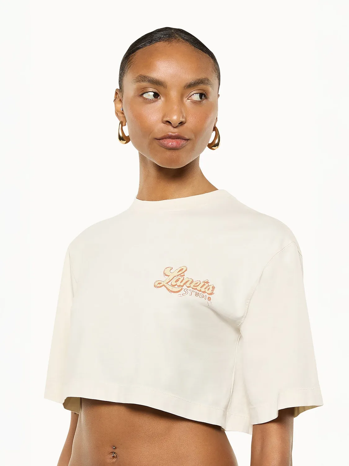 Laneus t-shirt boxy cream print bomuld