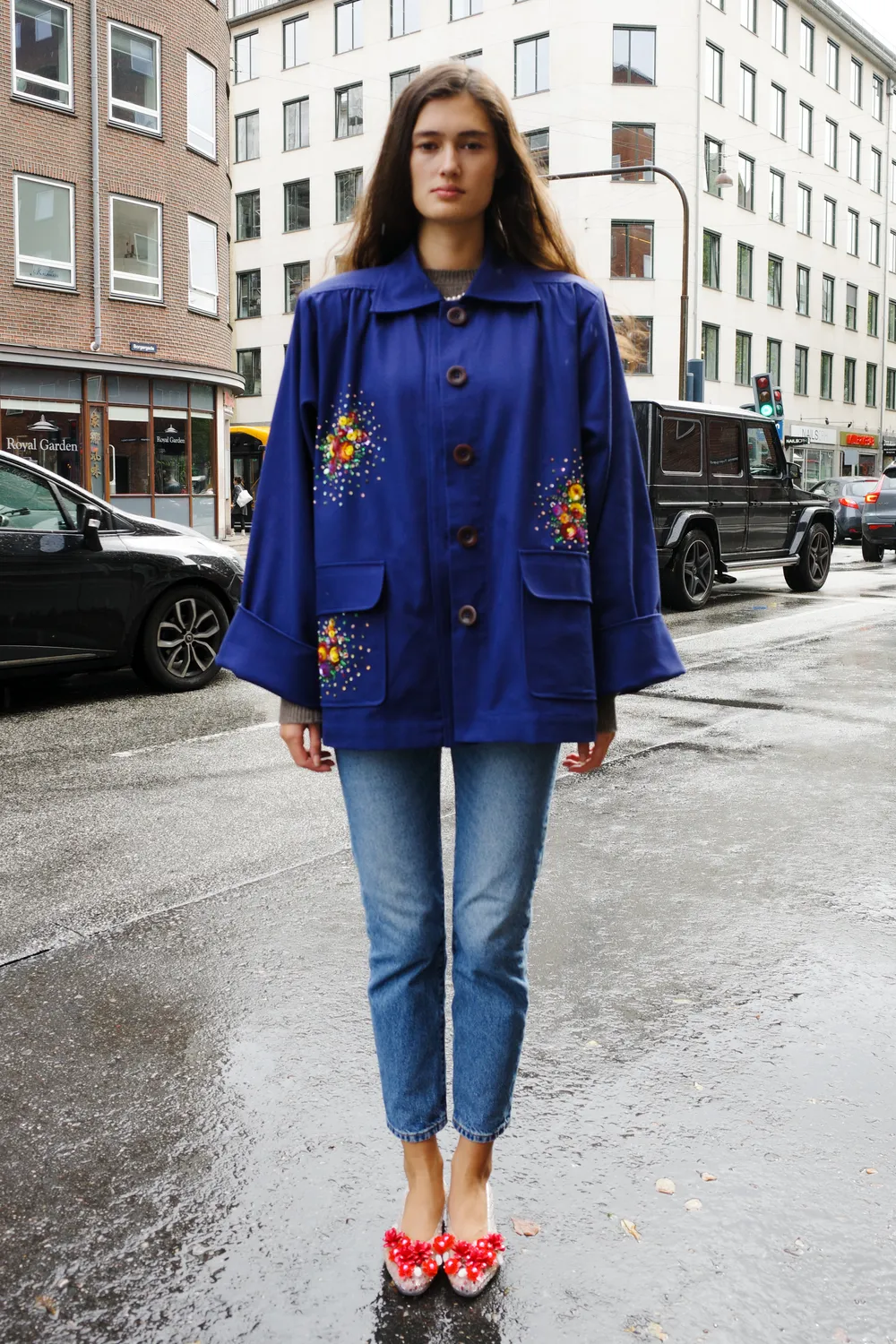 Caro Editions Anna Short Coat jakke blå broderet bomuld