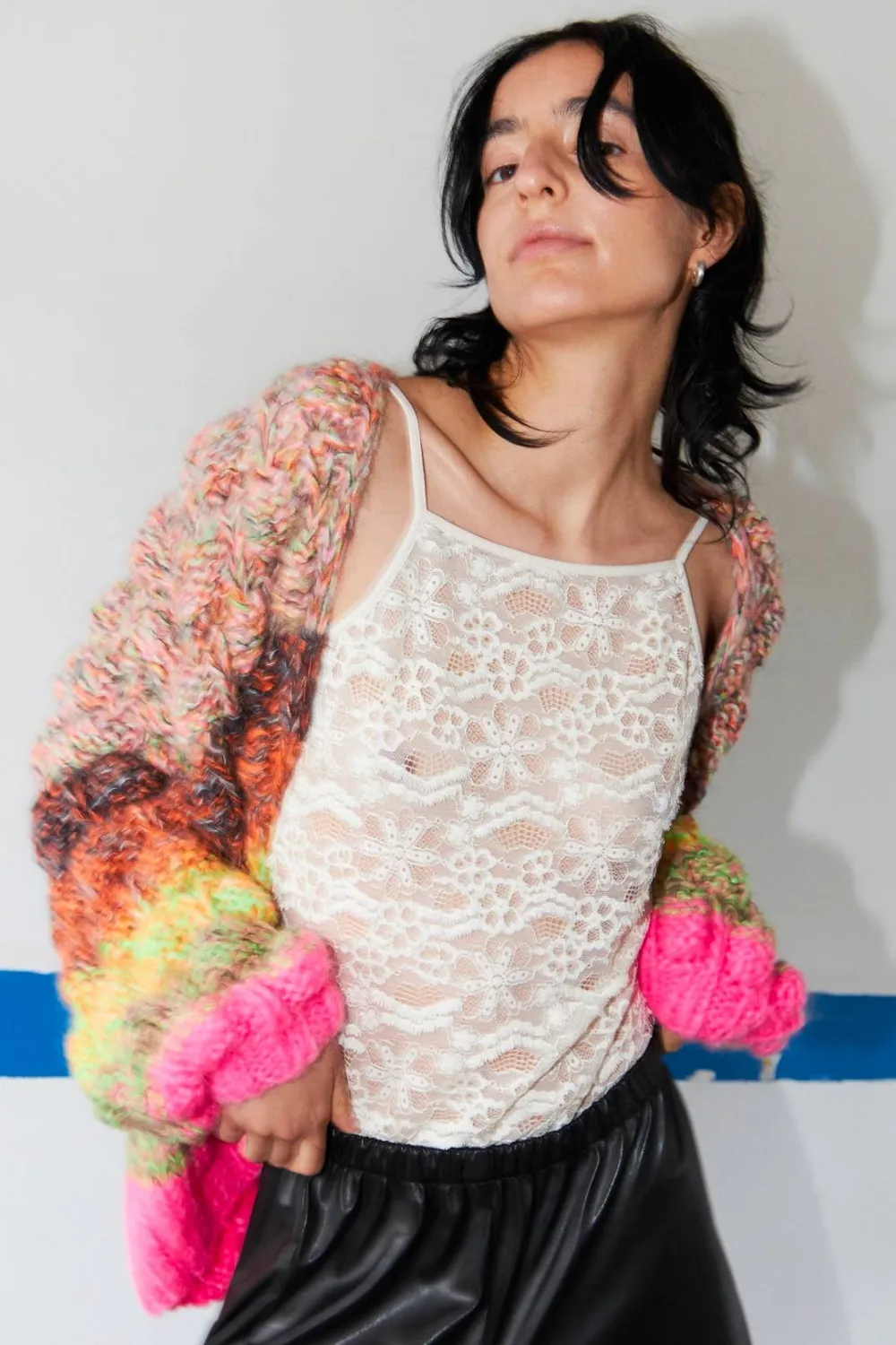 DAWN x DARE ARENA RAINBOW strikcardigan pink multi mohair