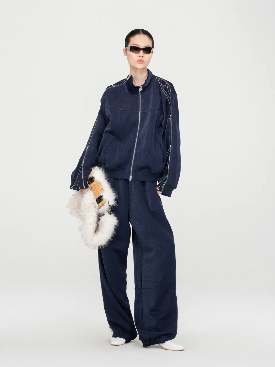 Feng Chen Wang Navy Subtle Shimmer Striped Panel bukser navy stribet