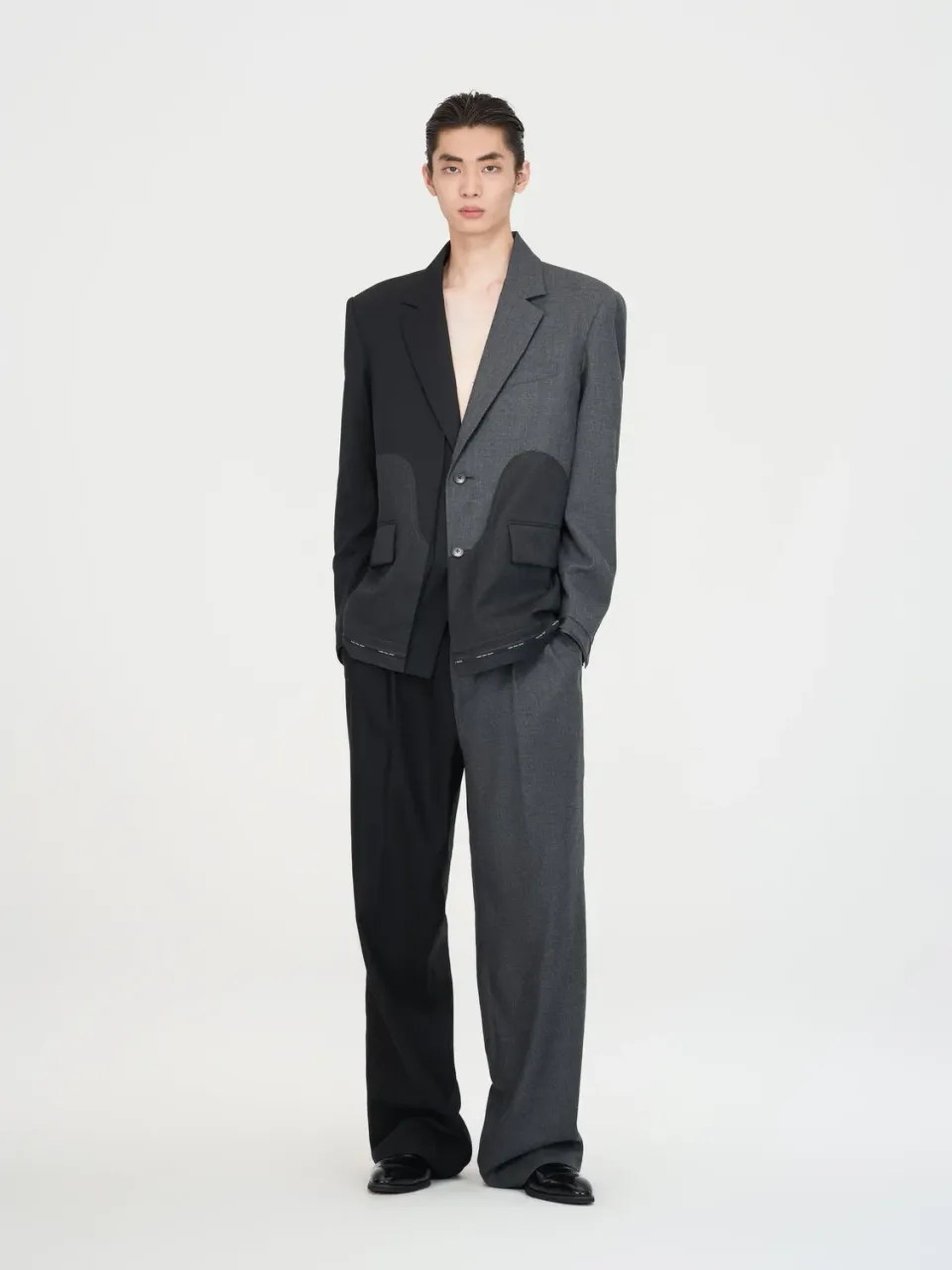 Feng Chen Wang Black Charcoal Paneled Deconstructed blazer uld sort