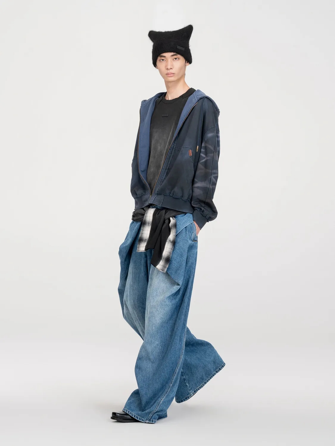 Feng Chen Wang Navy Washed zip hættetrøje