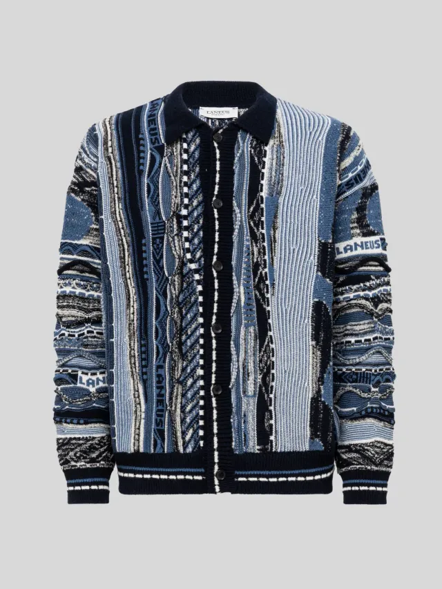 Laneus boxy cardigan jacquard merino blå