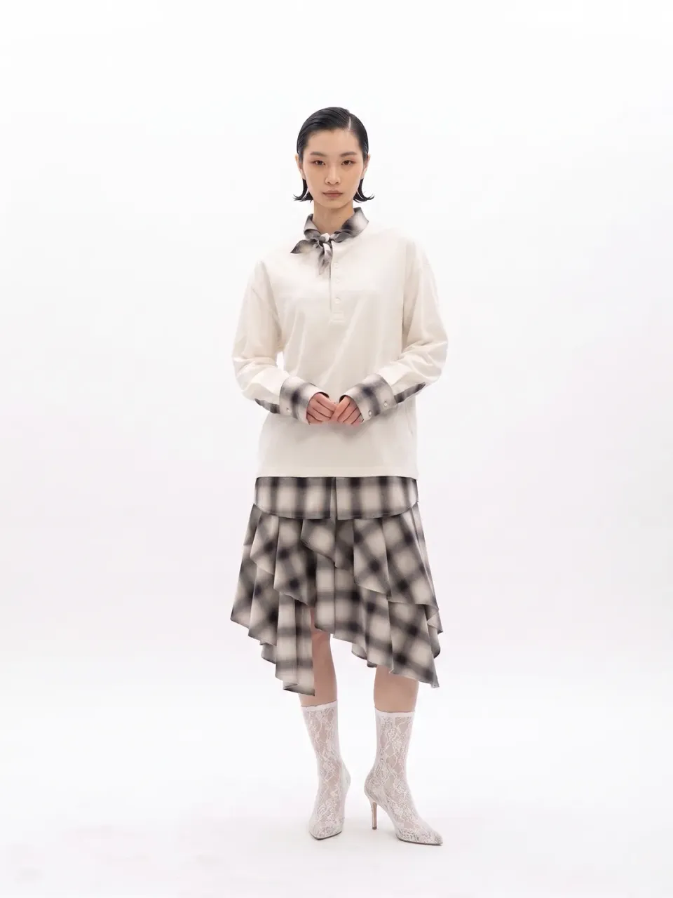 Feng Chen Wang 2-in-1 langærmet t-shirt hvid ternet