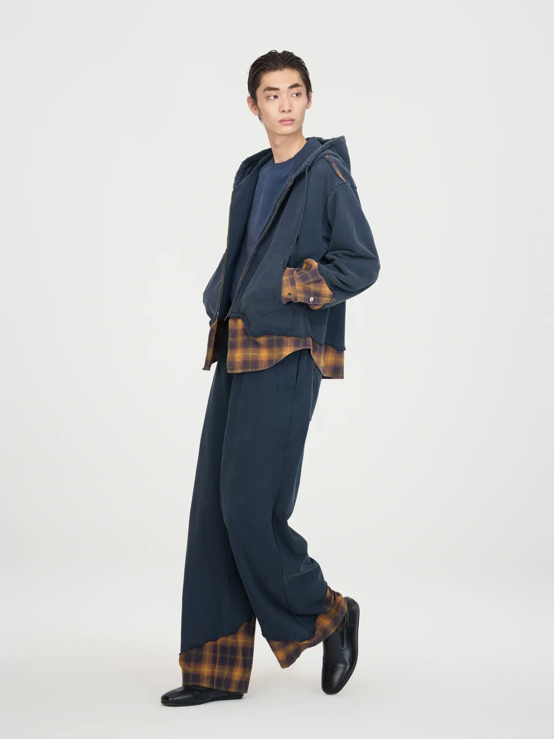 Feng Chen Wang Navy Plaid-Panel bukser ternet
