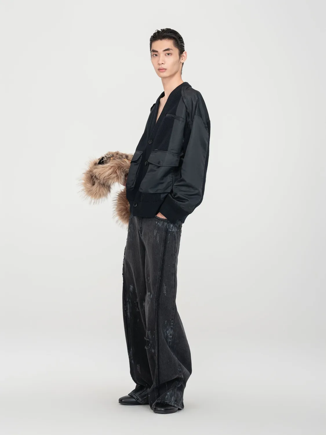 Feng Chen Wang Patchwork cardigan nylon sort mørkegrå