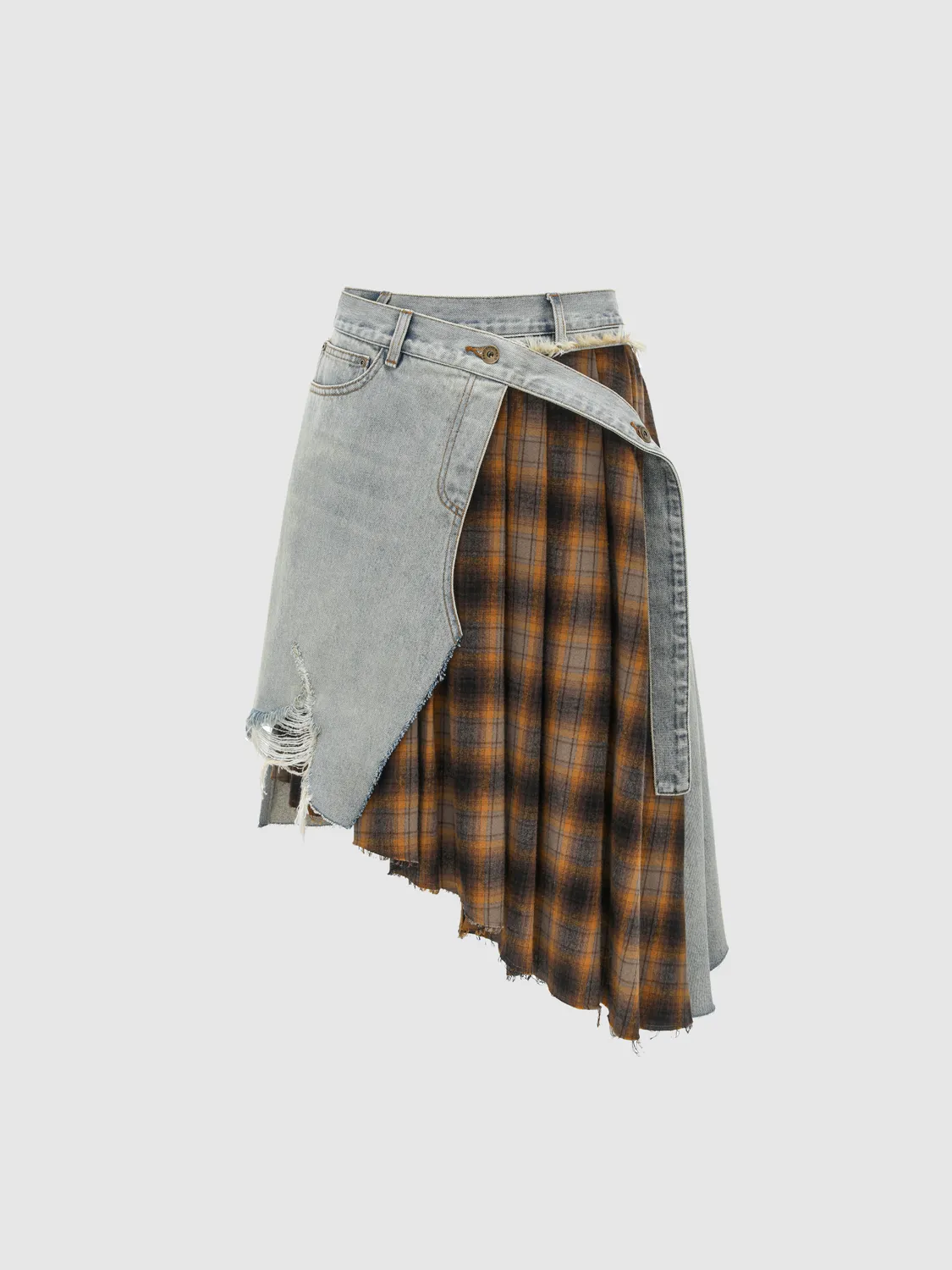 Feng Chen Wang Denim Plaid slåskørt dekonstrueret