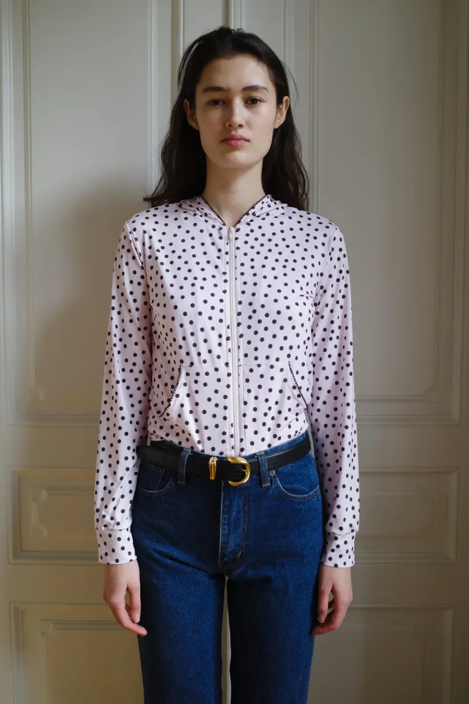 Caro Editions Hoodie jersey pink dots sort kant