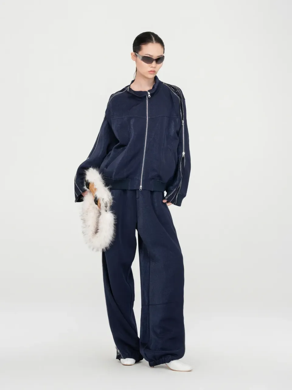Feng Chen Wang Navy Subtle Shimmer Striped Panel bukser navy stribet