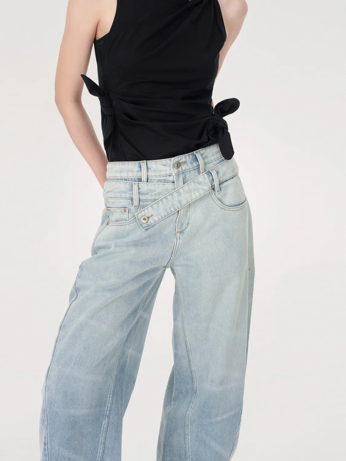 Feng Chen Wang Double Waist Denim Trousers denimbukser blå