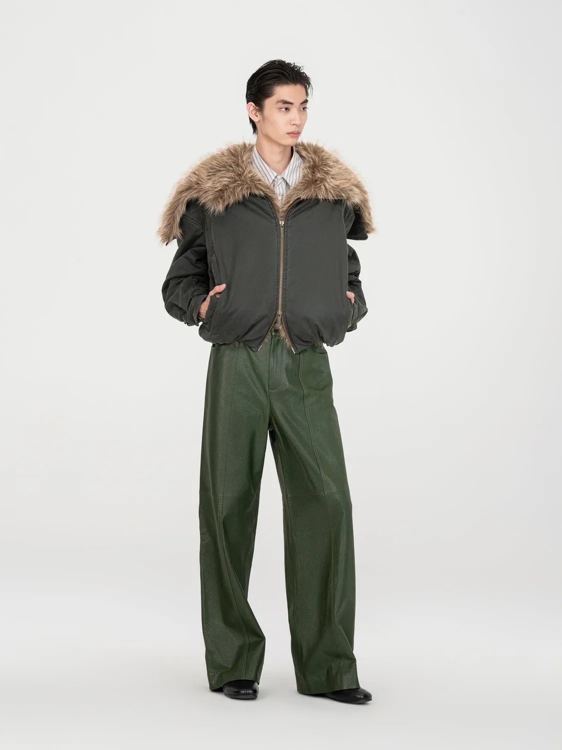 Feng Chen Wang Straight-Leg Casual læderbukser grøn