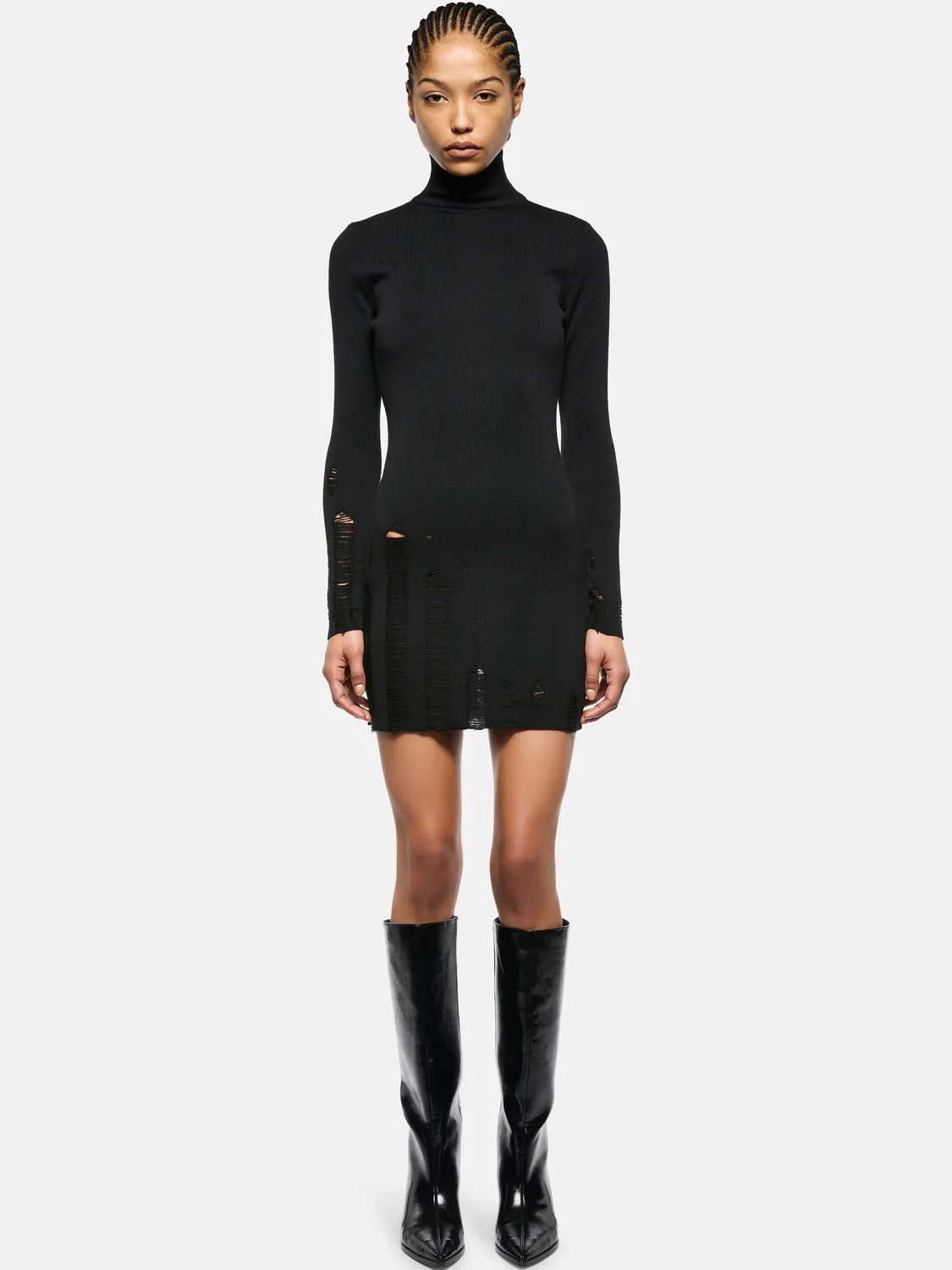 Laneus Destroyed Ribbed Turtleneck kjole sort merinould