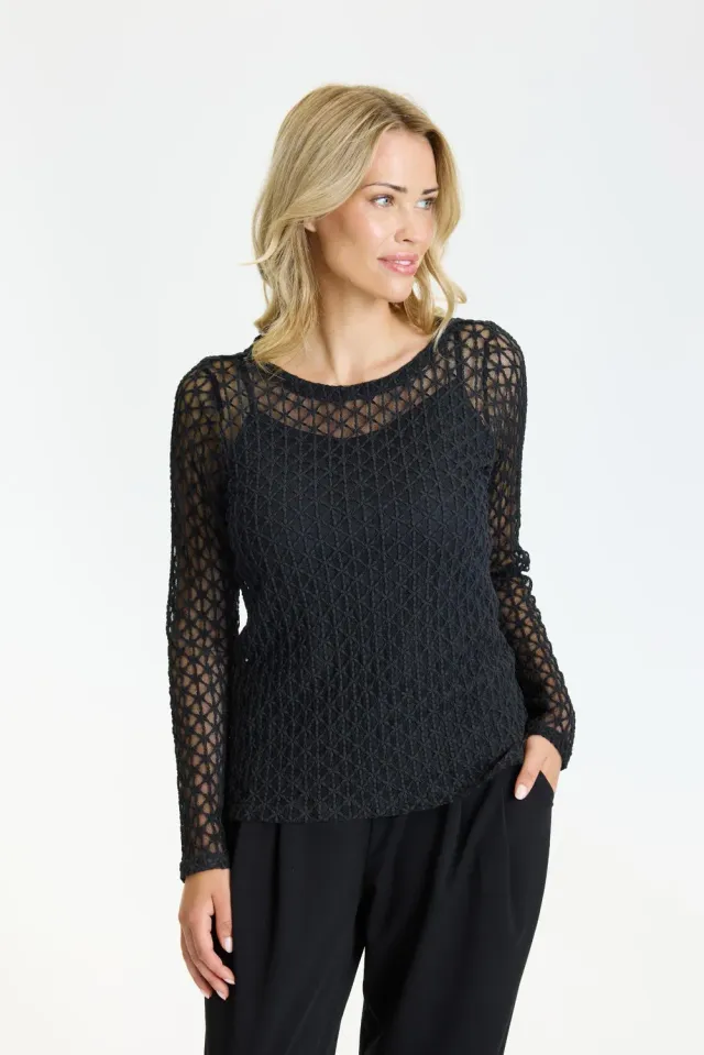 IN FRONT Jill mesh bluse transparent med strukturmønster