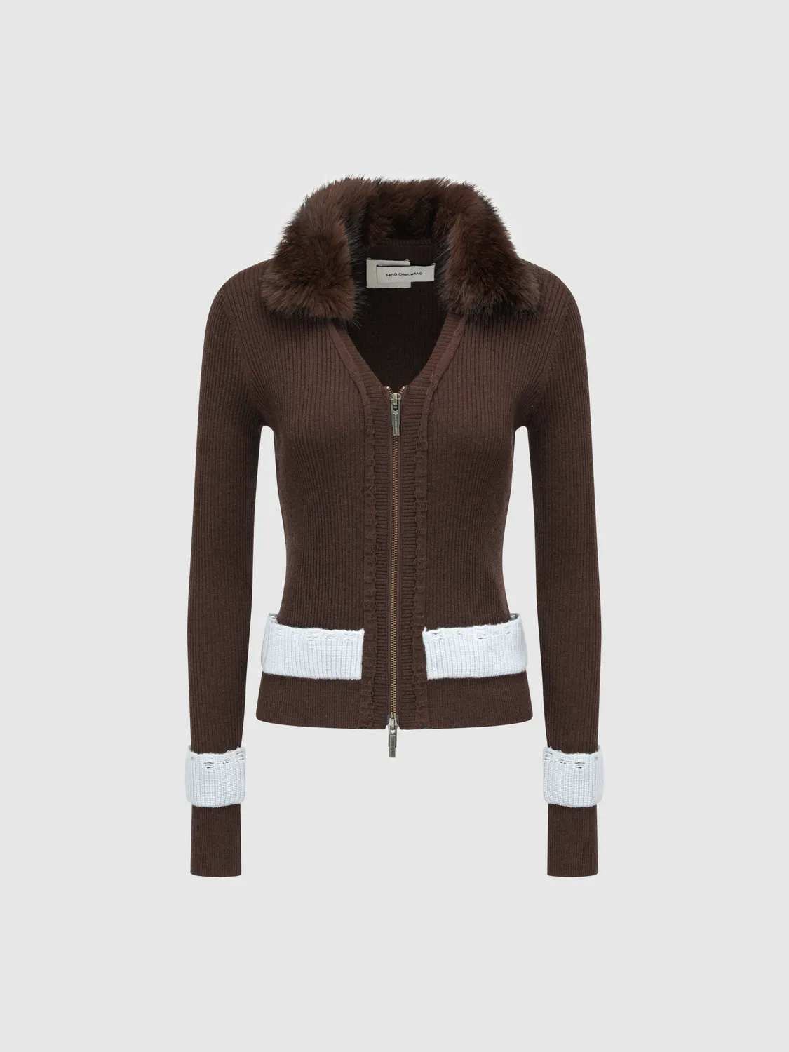 Feng Chen Wang Zip strikcardigan brun aftagelig pelskrave