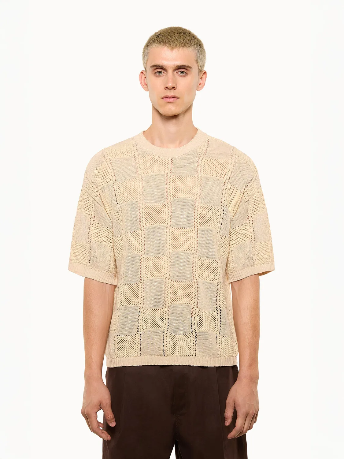 Laneus strikket t-shirt beige ternet boxy