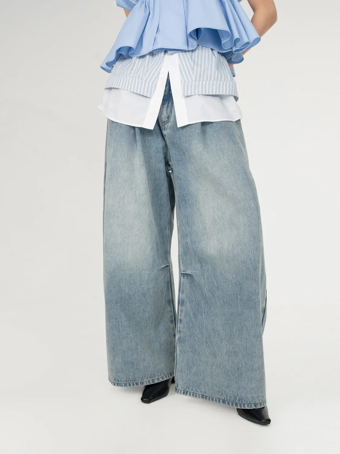 Feng Chen Wang 2-in-1 denimbukser grå wide-leg