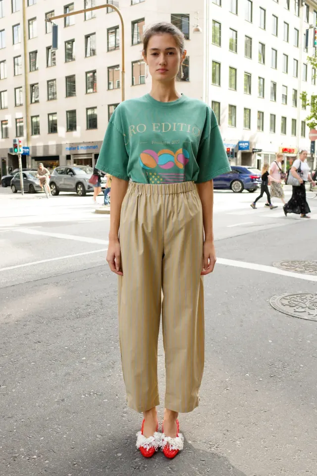 Caro Editions Coco Pants bukser beige-grå stribet bomuld