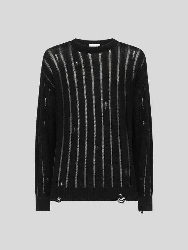 Laneus Destroyed Crew Neck striktrøje sort økologisk bomuld