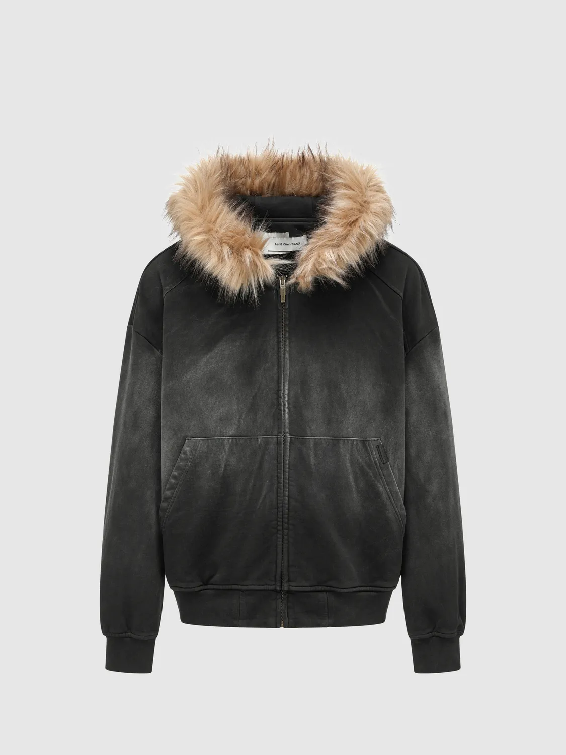 Feng Chen Wang fur-trim zip-up hoodie sort-grå