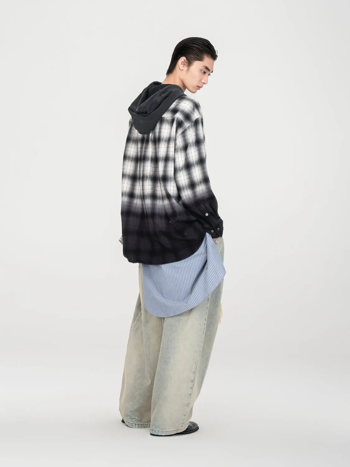Feng Chen Wang Black Grey Plaid skjorte hætte