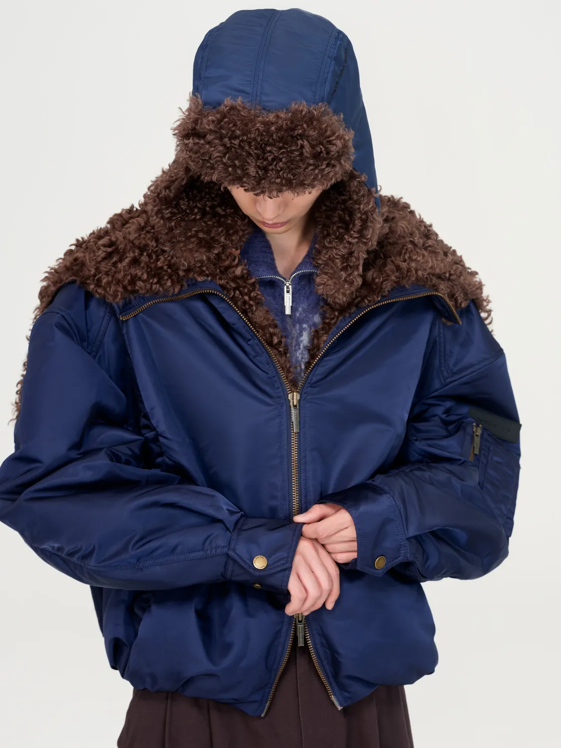 Feng Chen Wang Navy Nylon jakke pels krave foret