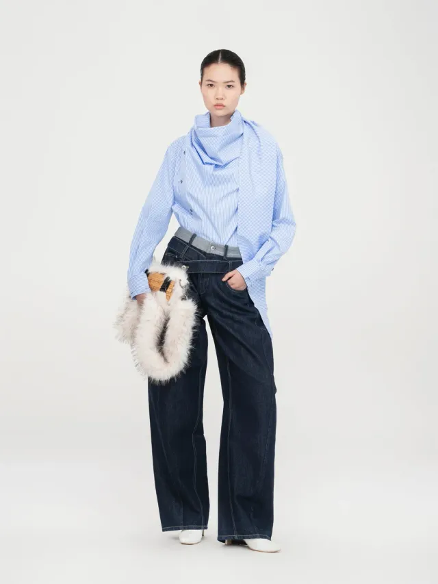 Feng Chen Wang Blue Draped Bluse stribet med tørklæde