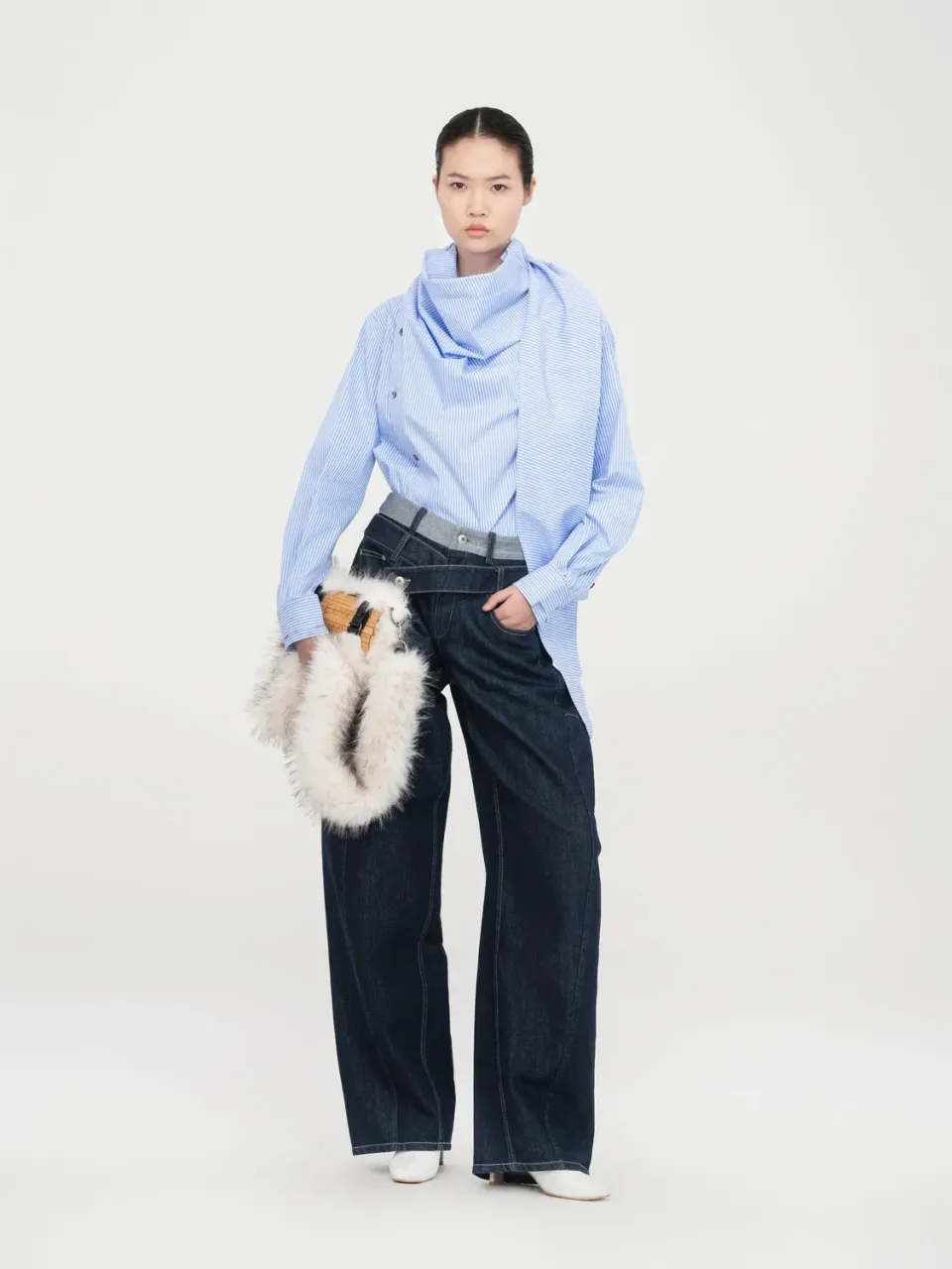 Feng Chen Wang Blue Draped Bluse stribet med tørklæde