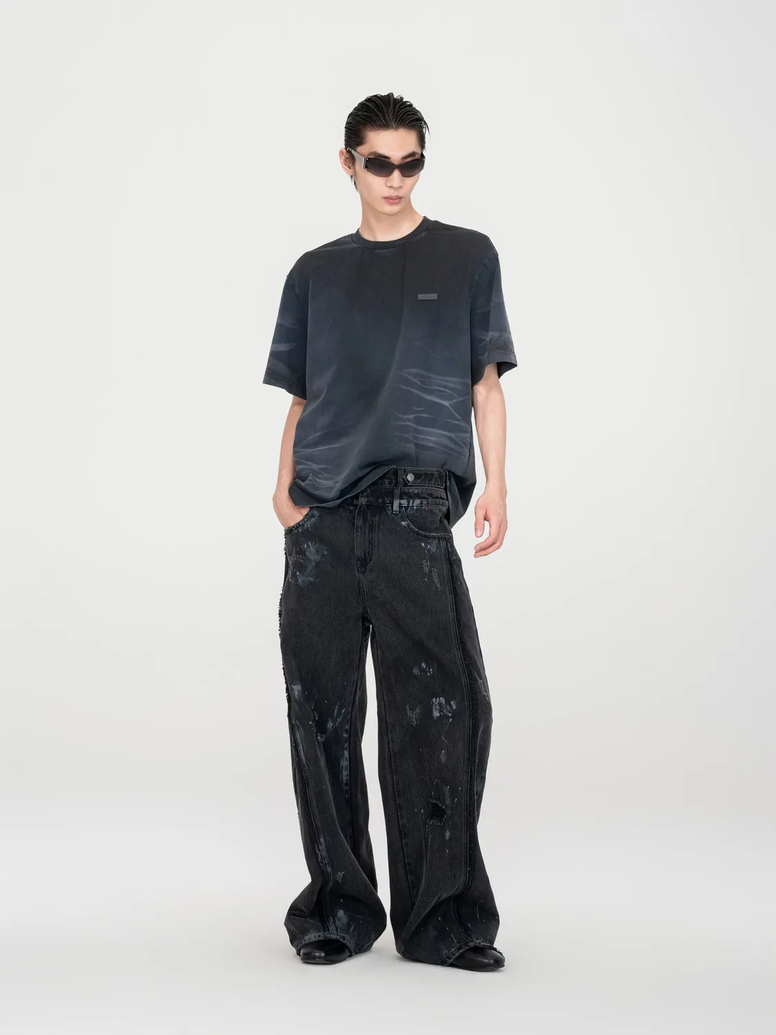 Feng Chen Wang Washed Spray-Dyed T-shirt mørk navy bomuld