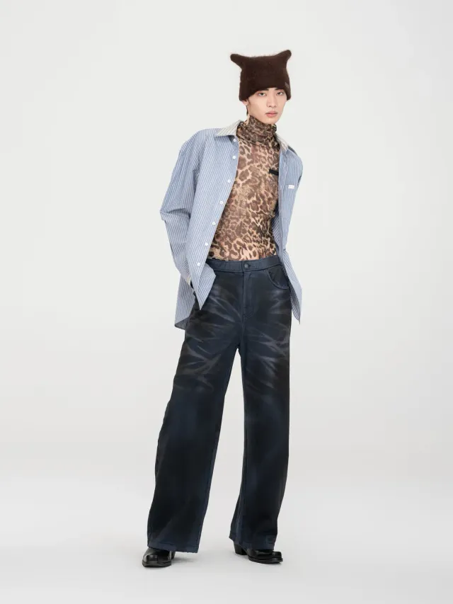 Feng Chen Wang Dark Navy Washed Spray-Dyed bukser relaxed fit