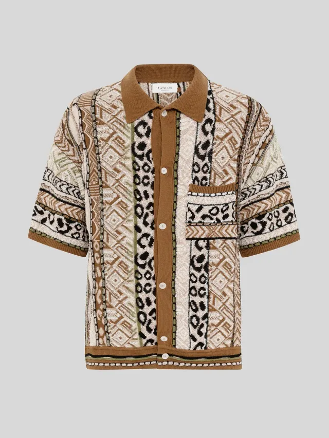 Laneus Jacquard strikket polo chokolade bomuld