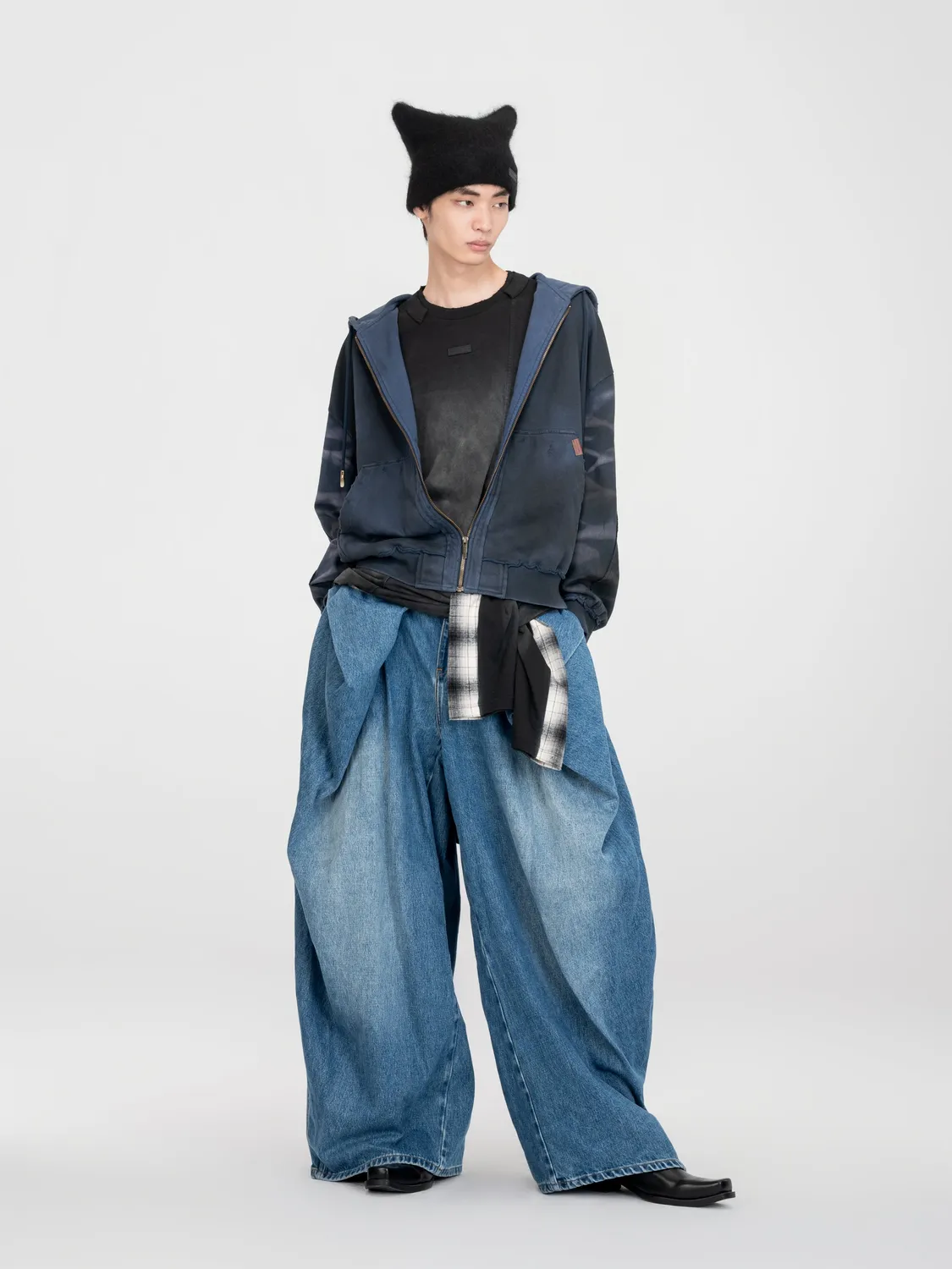 Feng Chen Wang Navy Washed zip hættetrøje