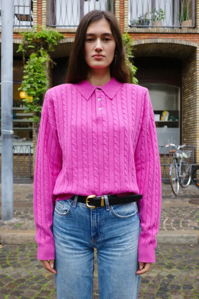 Caro Editions Cable-Knit Polo pink cashmere