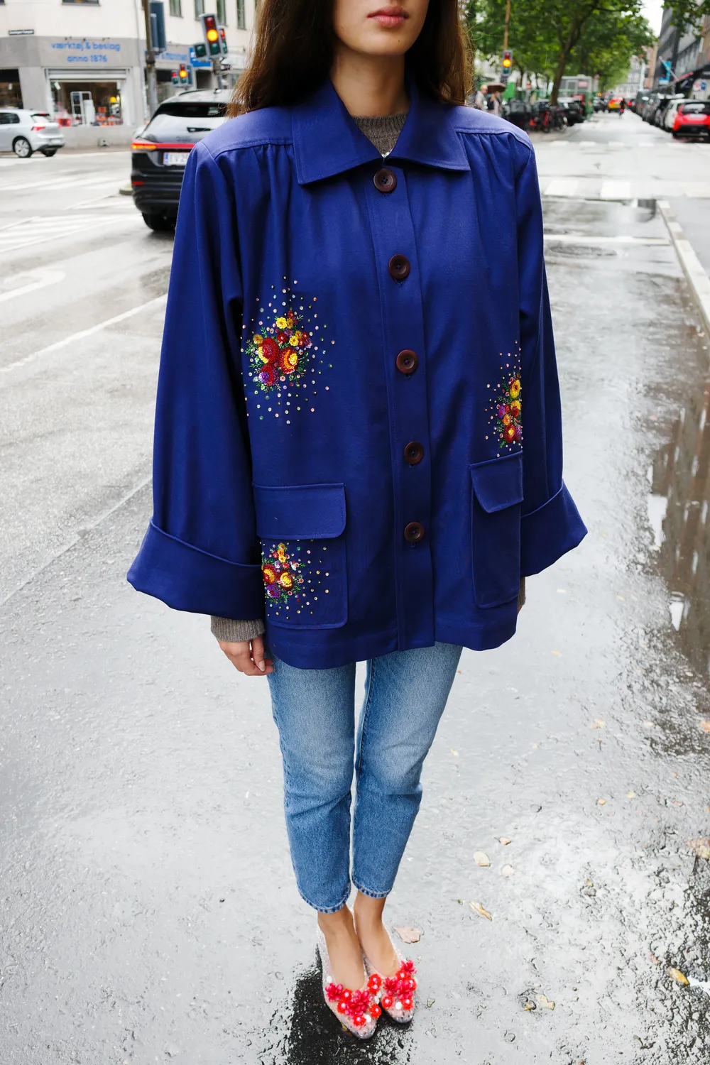 Caro Editions Anna Short Coat jakke blå broderet bomuld