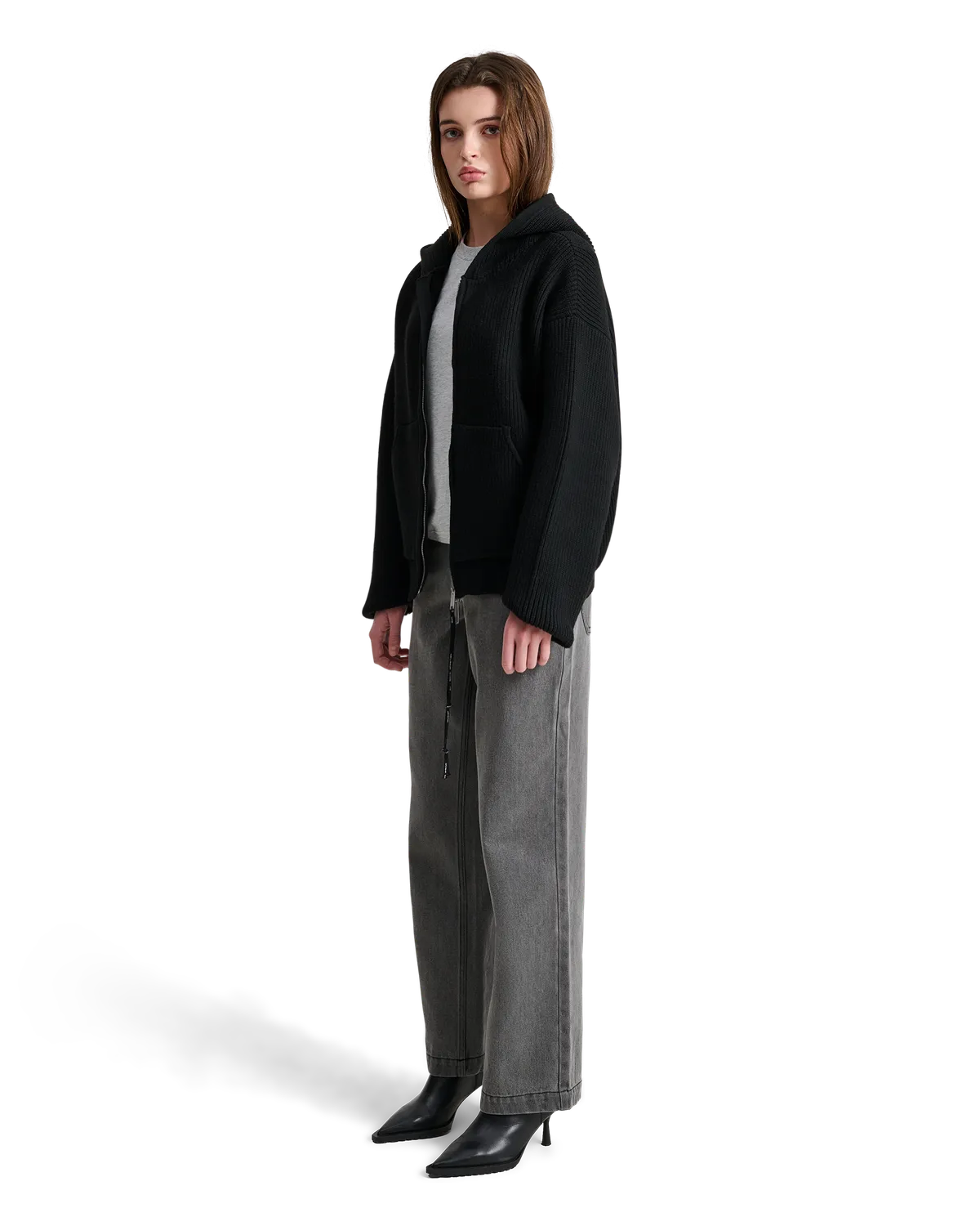 Alis Barian strik-hoodie sort 2-vejs lynlås