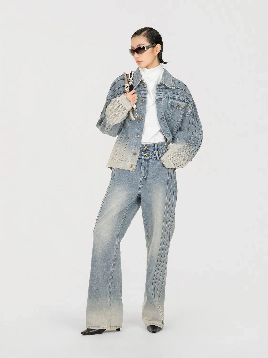 Feng Chen Wang Deconstructed denimjakke patchwork blå