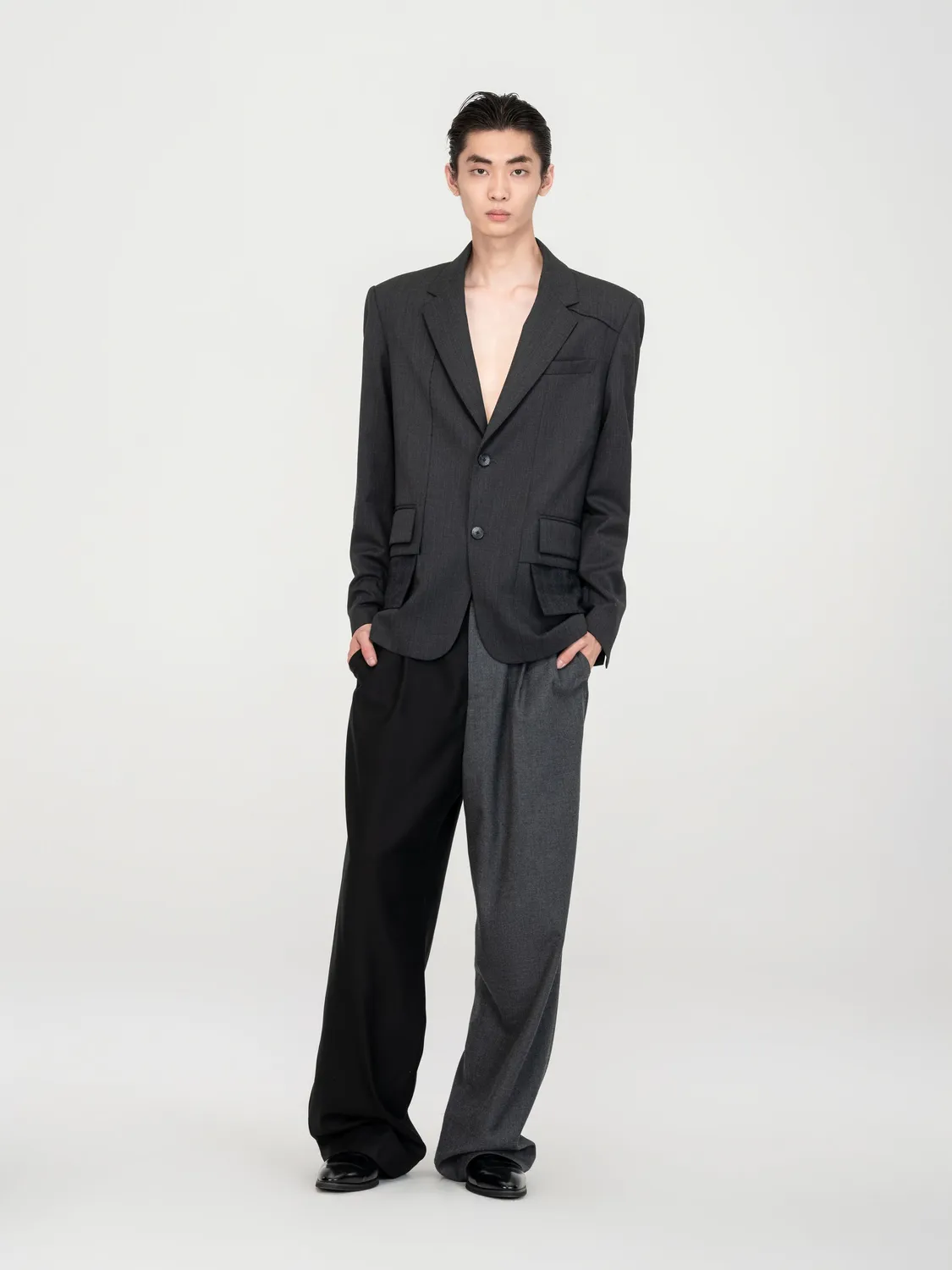 Feng Chen Wang Exposed Pocket blazer mørkegrå uld