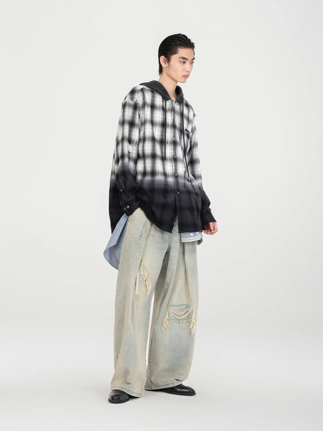 Feng Chen Wang Black Grey Plaid skjorte hætte