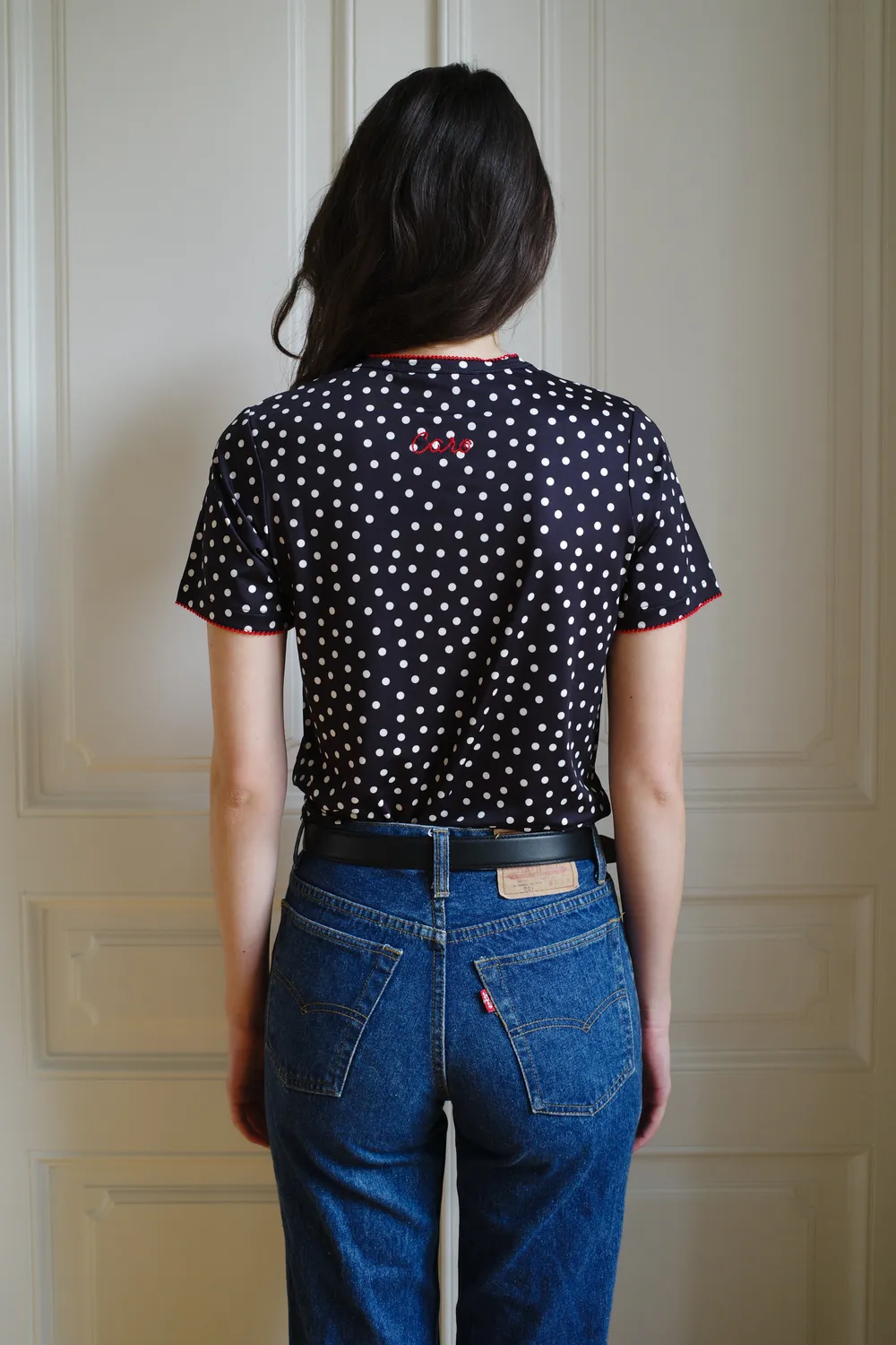 Caro Editions Jersey t-shirt Black Dots stræk prikket